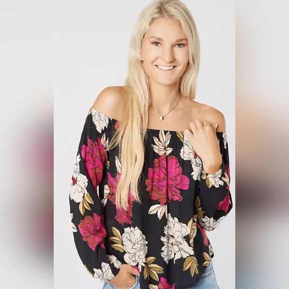 Billabong Black Floral Off The Shoulder Blouse - Picture 1 of 7